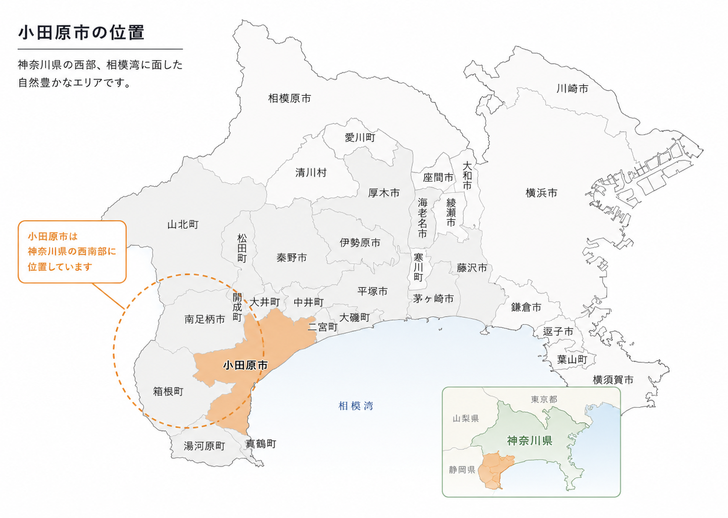 神奈川県の中の小田原市の位置を示す地図。県西部・相模湾に面した自然豊かなエリア。